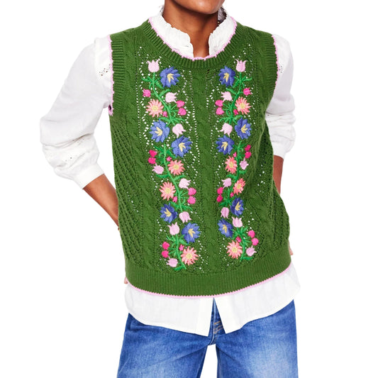 Women s Sleeveless Knit Sweater Vest with Floral Embroidery Cozy Crew Neck Tank Top Stylish Knitted Sleeveless Pullover