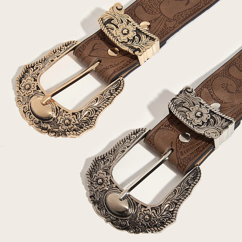 Western Brown PU Leather Vintage Belt Female Cowgirl Waist Belt with Metal Caved Buckle 3set Designer Belts For Women Jeans