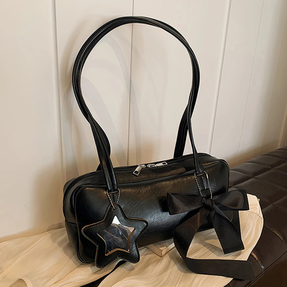 Women Bow Shoulder Bag with Star Pendant Fashion Shoulder Purse PU Leather Bow Underarm Handbag Girls Outdoor Daily Bag