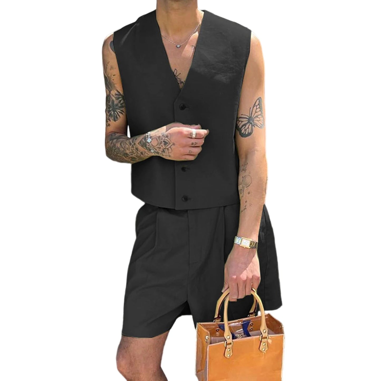 Stylish Men s Summer Ensemble Solid Color V Neck Button Up Vest Top and Wide Leg Shorts 2-Piece Outfit for a Fashionable Look