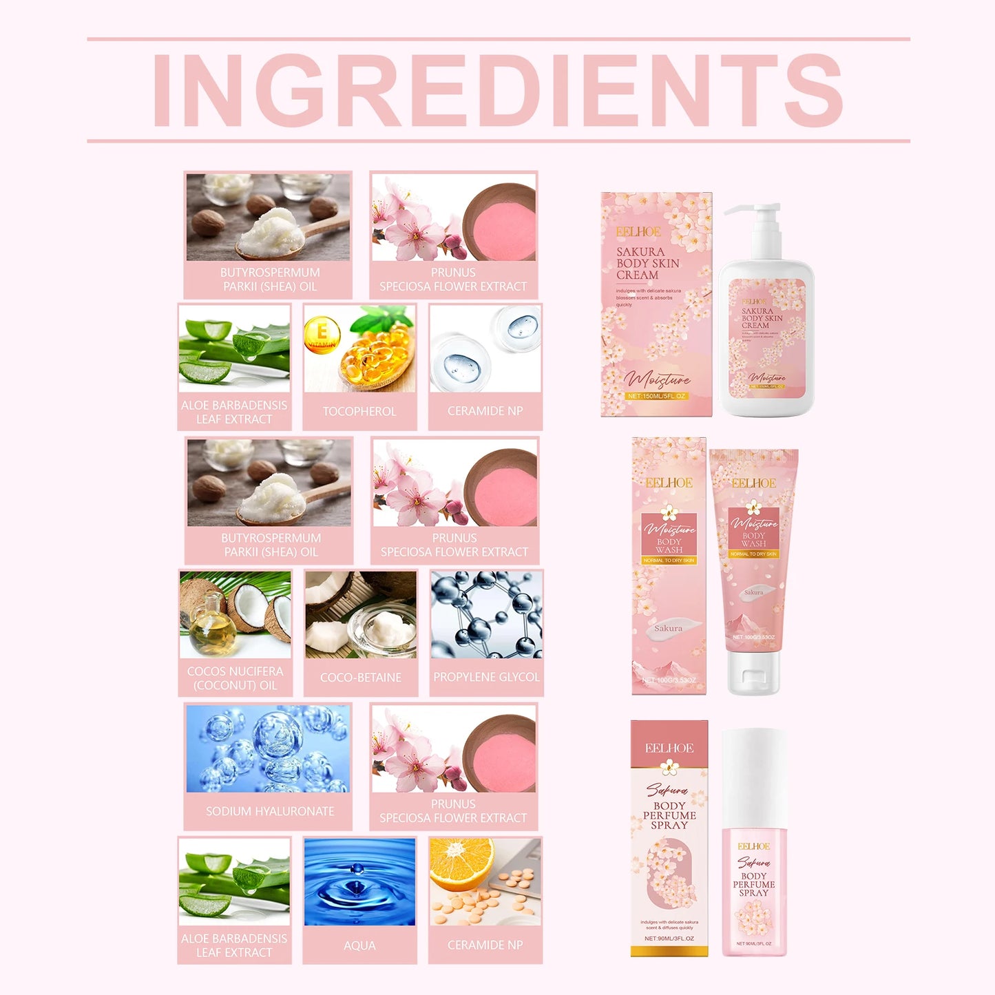 Sakura Body Hydrating Fragrance Set, Moisturizing Body Care Kits, Gentle Cleansing Skincare, Nourishing and Fragrant
