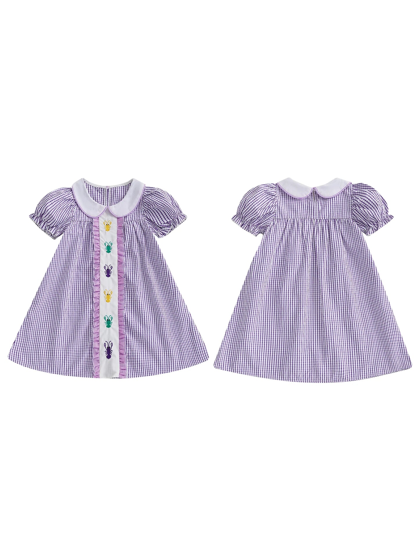 Adorable Toddler Girl Dress with Cute Short Sleeves and Doll Collar Featuring Lobster Embroidery on Plaid Pattern - Perfect