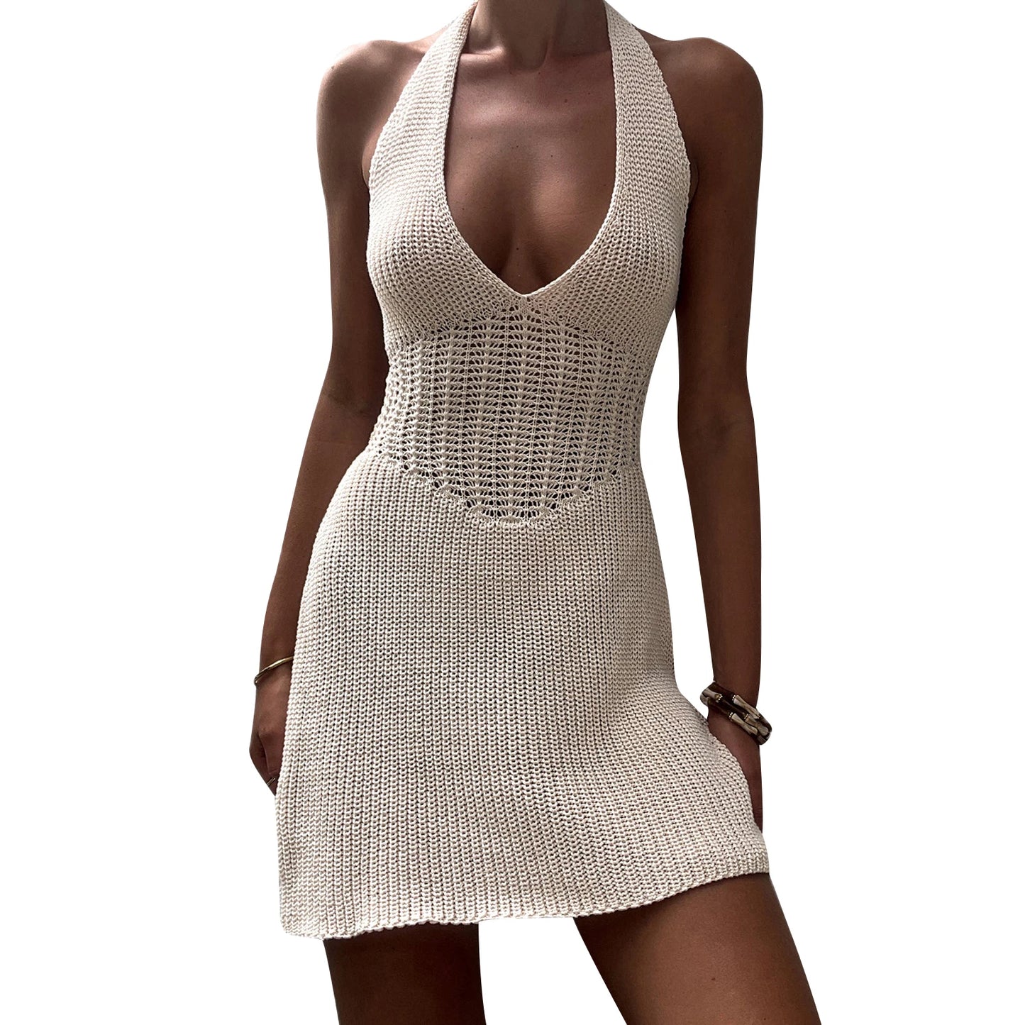 Women s Casual Sleeveless Halter Neck Mini Dress with Open Back and Solid Color Knit Fabric for Summer Beach Party