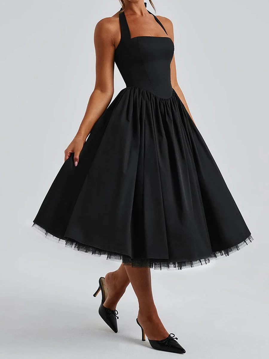 Elegant Sleeveless Midi Dress with Tie-up Halter Neck and Open Back Women s A-line Tank Dress in Solid Color Cross Design