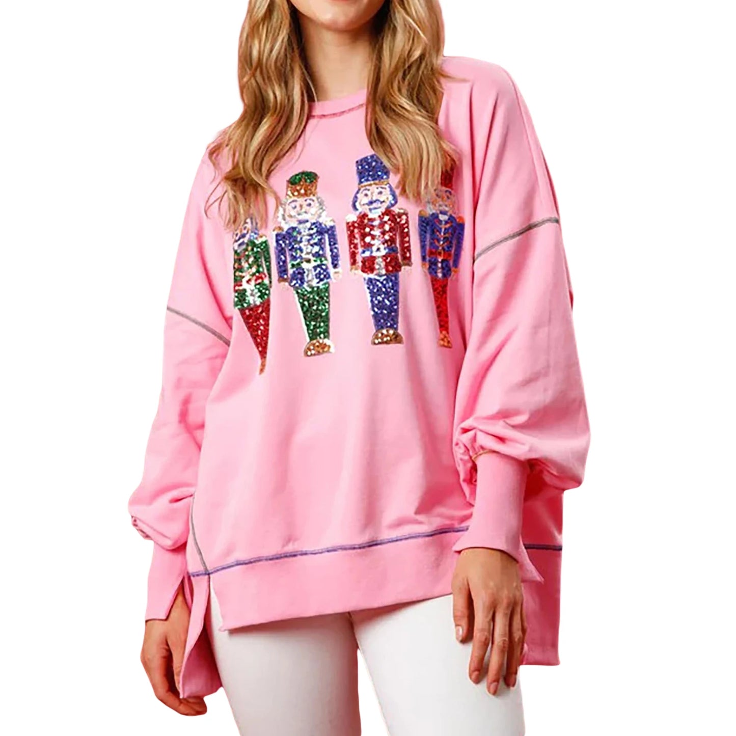 Women s Loose Sweatshirt Sequins Cartoon Person Crew Neck Long Sleeve Pullovers Fall Winter Casual Tops Shirts