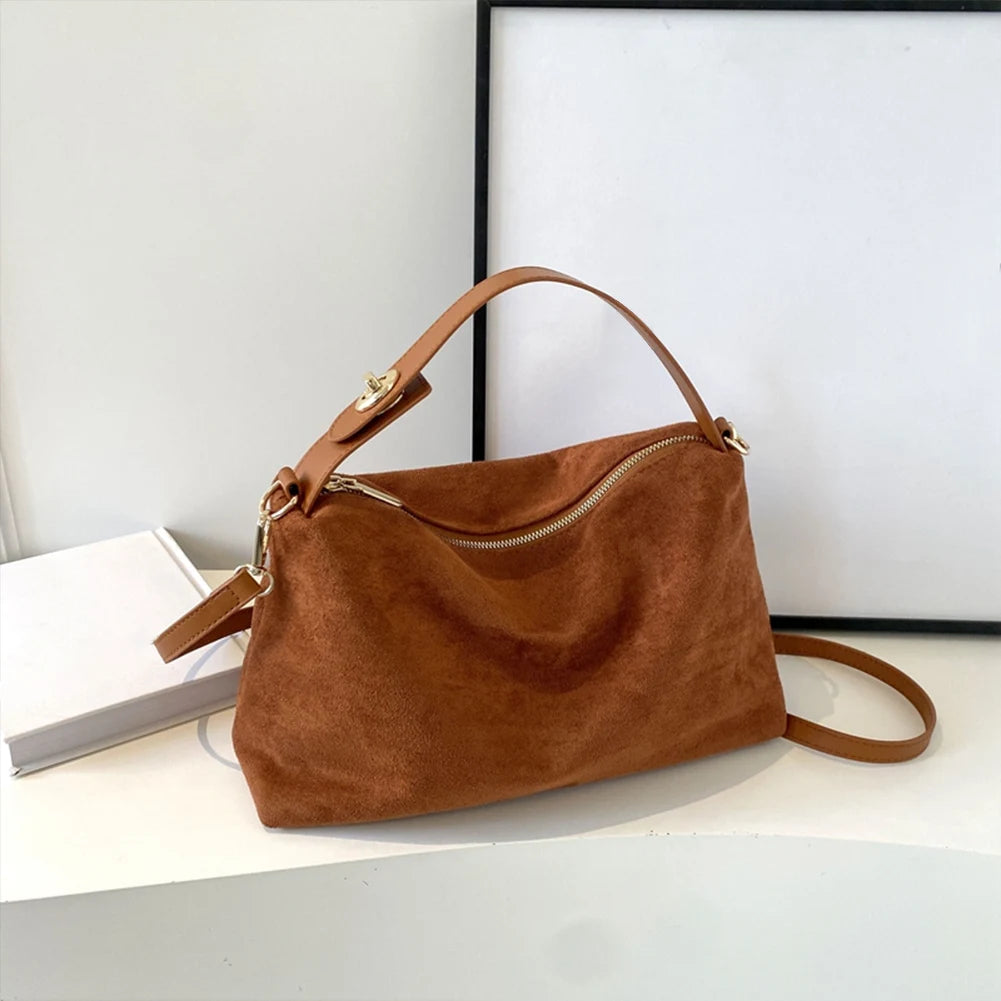 Women Suede Shoulder Bag Adjustable Strap Hobo Purse With Inner Pocket Satchel Purse Zipper Clutch Purse for Work Travel