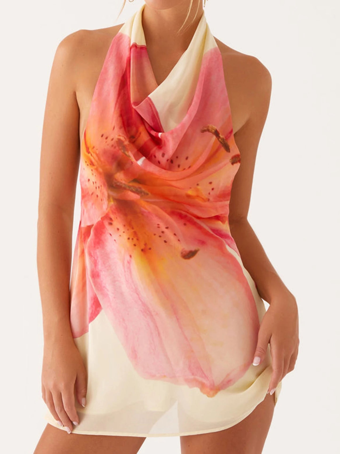 Elegant Floral Print Sleeveless Halter Neck Mini Dress for Women Perfect for Summer Parties Clubbing and Vacations