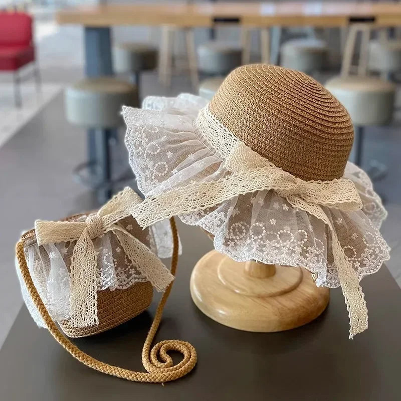 Summer Baby Girl Straw Hat Solid Color Lace Ruffle Kids Fisherman Cap Outdoor Beach Caps Sunshade Wide-brim Bucket Hats