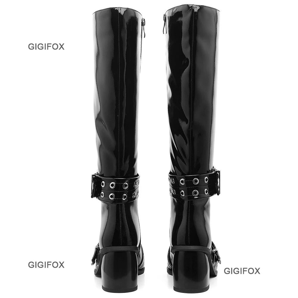 GIGIFOX Pointed Toe Women Zipper Knee-high Boots Chunky High Heel Patent Leather Metal Buckle Shoes Punk Fashion Boots For Woman