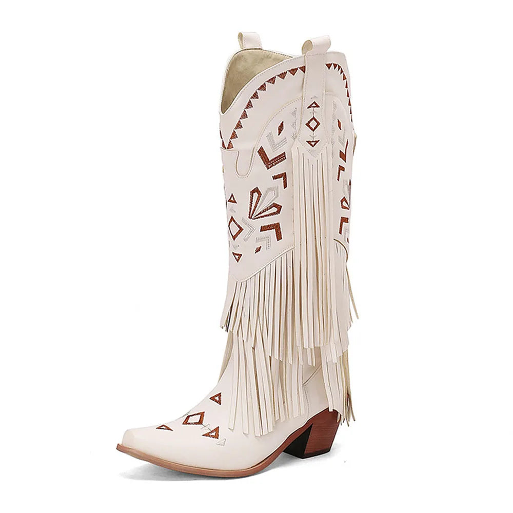 GIGIFOX Retro Tassel Embroidered Cowgirl Mid-Calf Women Western Boots Pointed Toe Chunky High Heel Cowboy Cool All-Match Shoes