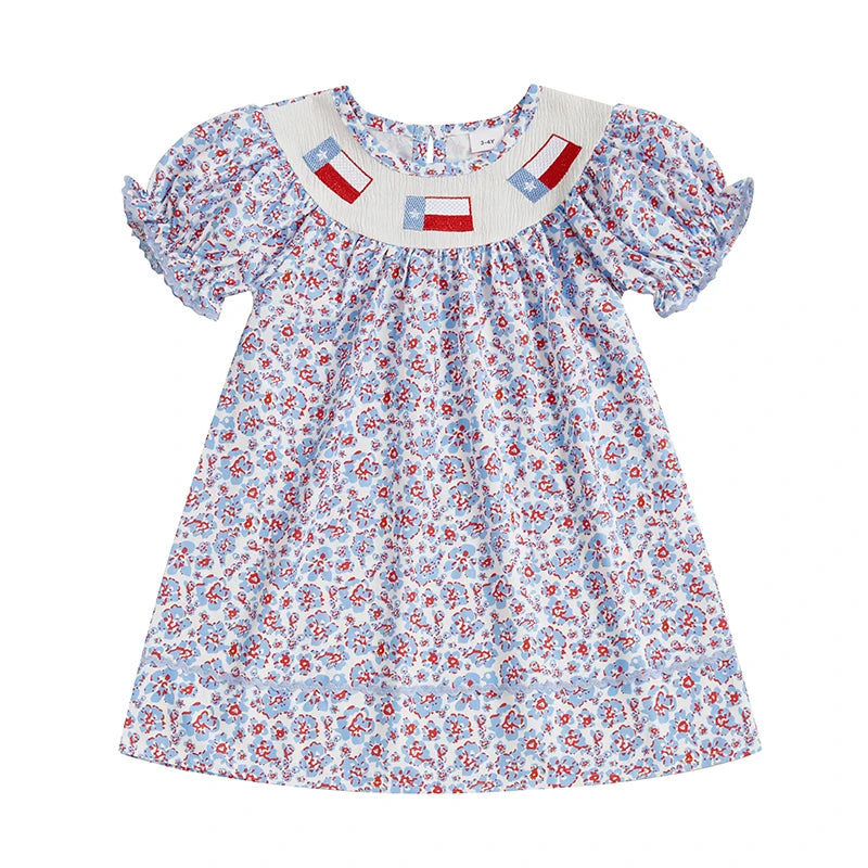 Girls Short Sleeve Crew Neck Floral Print Summer Dress Embroidered Casual Dress for Kids Cute Flower Patterned Clothing