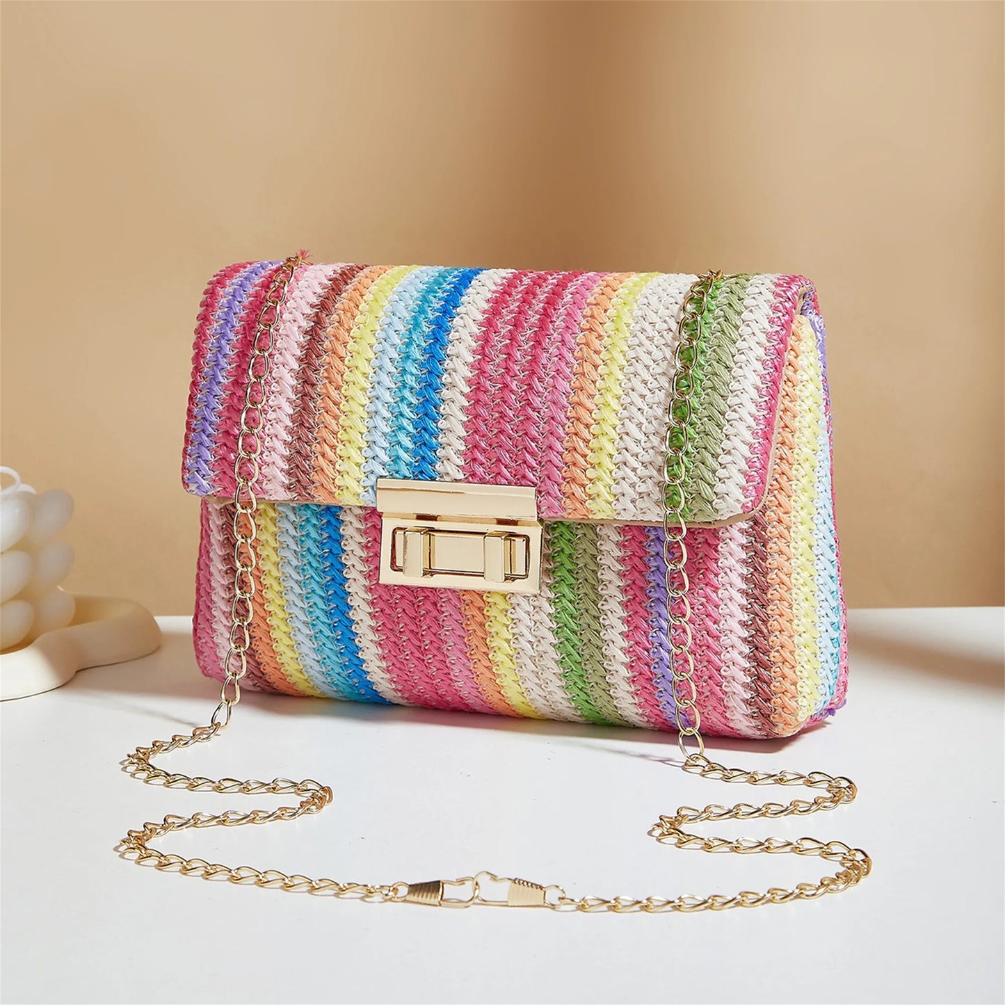 Colorful Striped Rattan Crossbody Bag Boho Woven Purse Shoulder Bag for Women Summer Beach Vacation Accessory