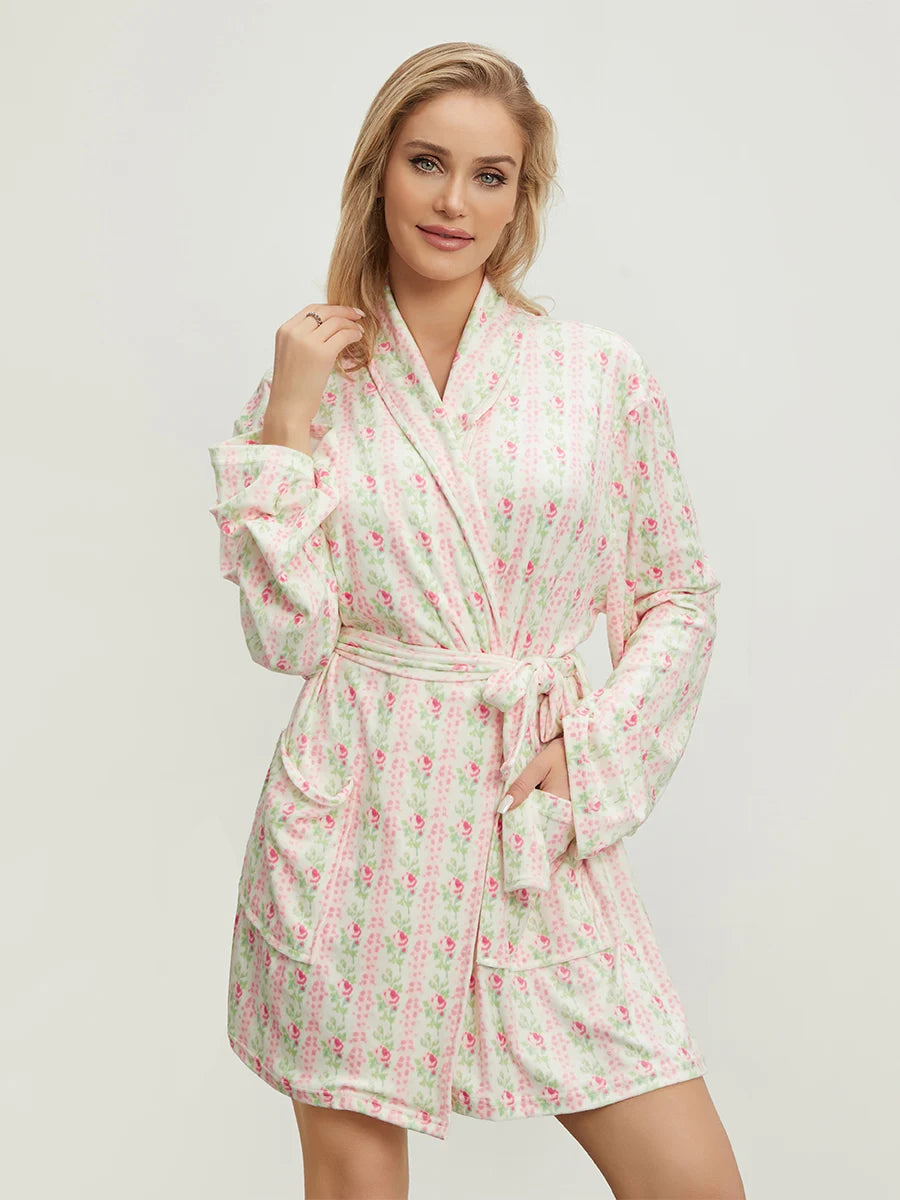 Women s Elegant Floral Print Long Sleeve Belted Robe with Lapel Collar and Convenient Pockets for Spring and Autumn Nights