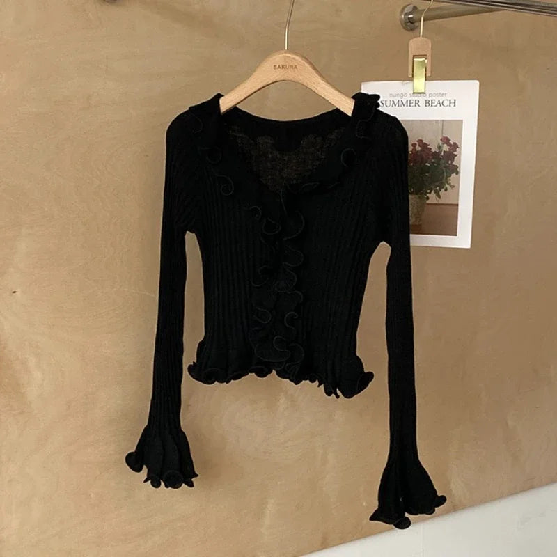Women's Ruffled Sweater Long Sleeve Slim Fit Rib Knit Top Pullover Jumper Ladies Knitwear Autumn Winter Fairycore Outfit