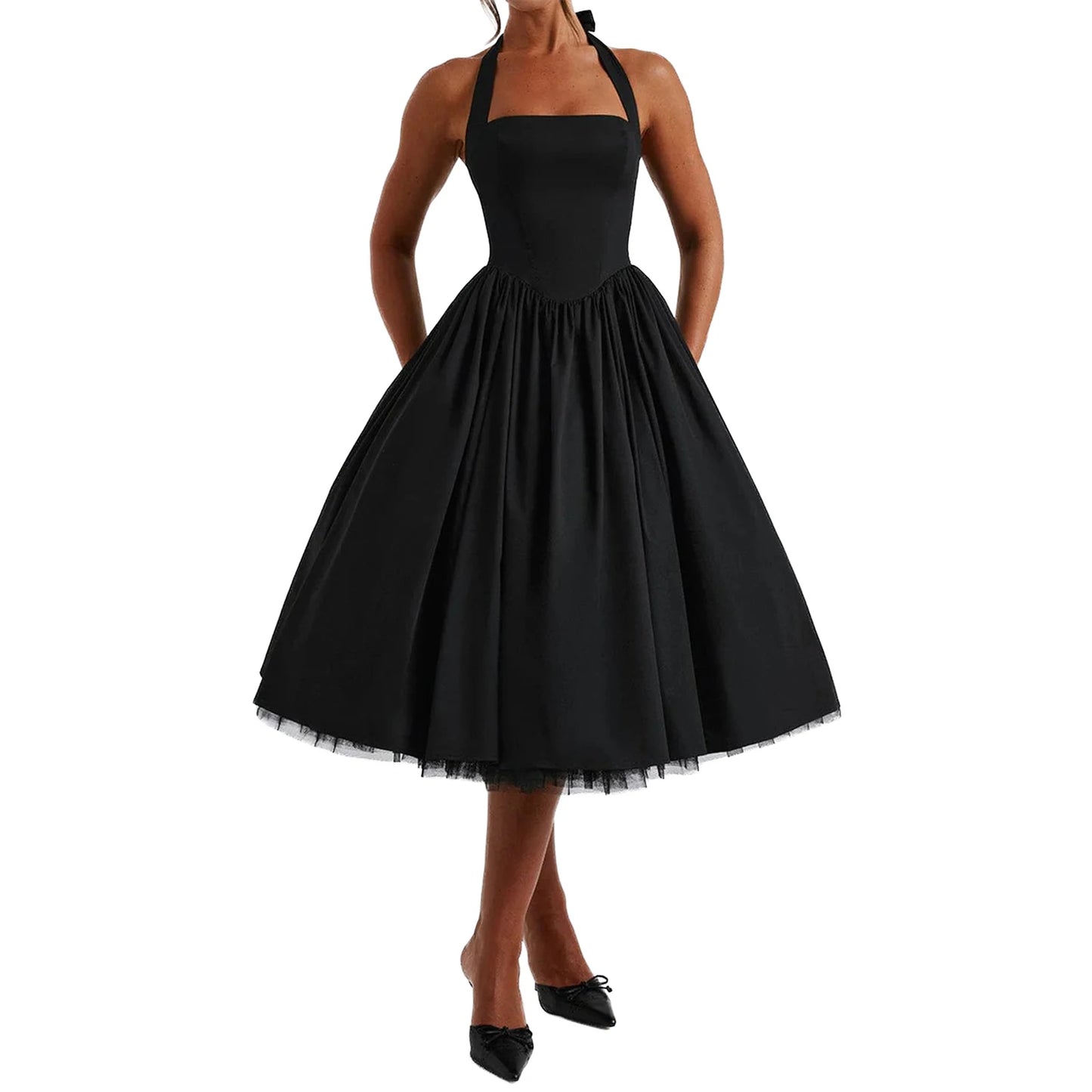 Elegant Sleeveless Midi Dress with Tie-up Halter Neck and Open Back Women s A-line Tank Dress in Solid Color Cross Design