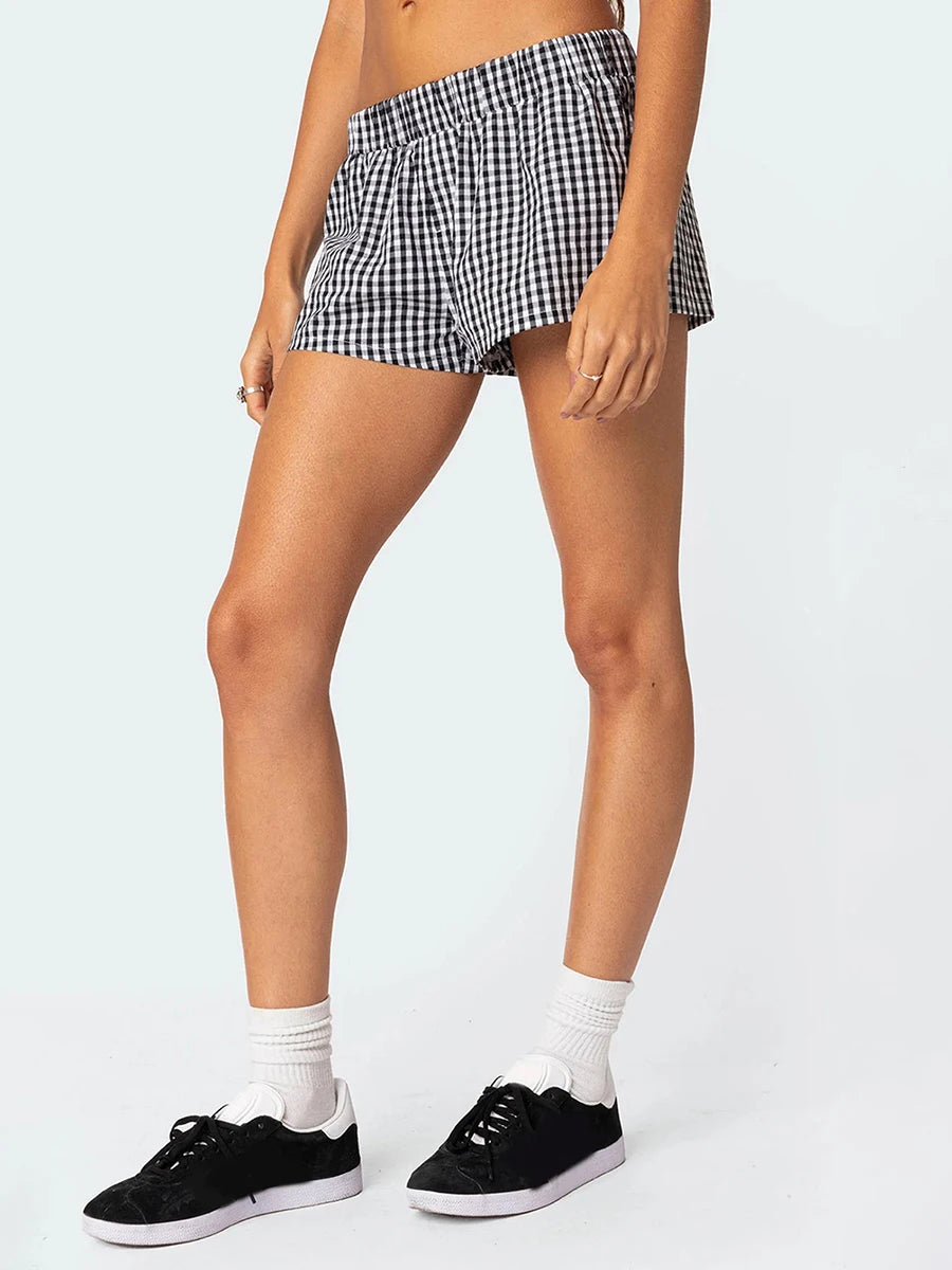 Women s Summer Casual Shorts Plaid Print Elastic Waist Loose Short Pants Pull On Lounge Shorts