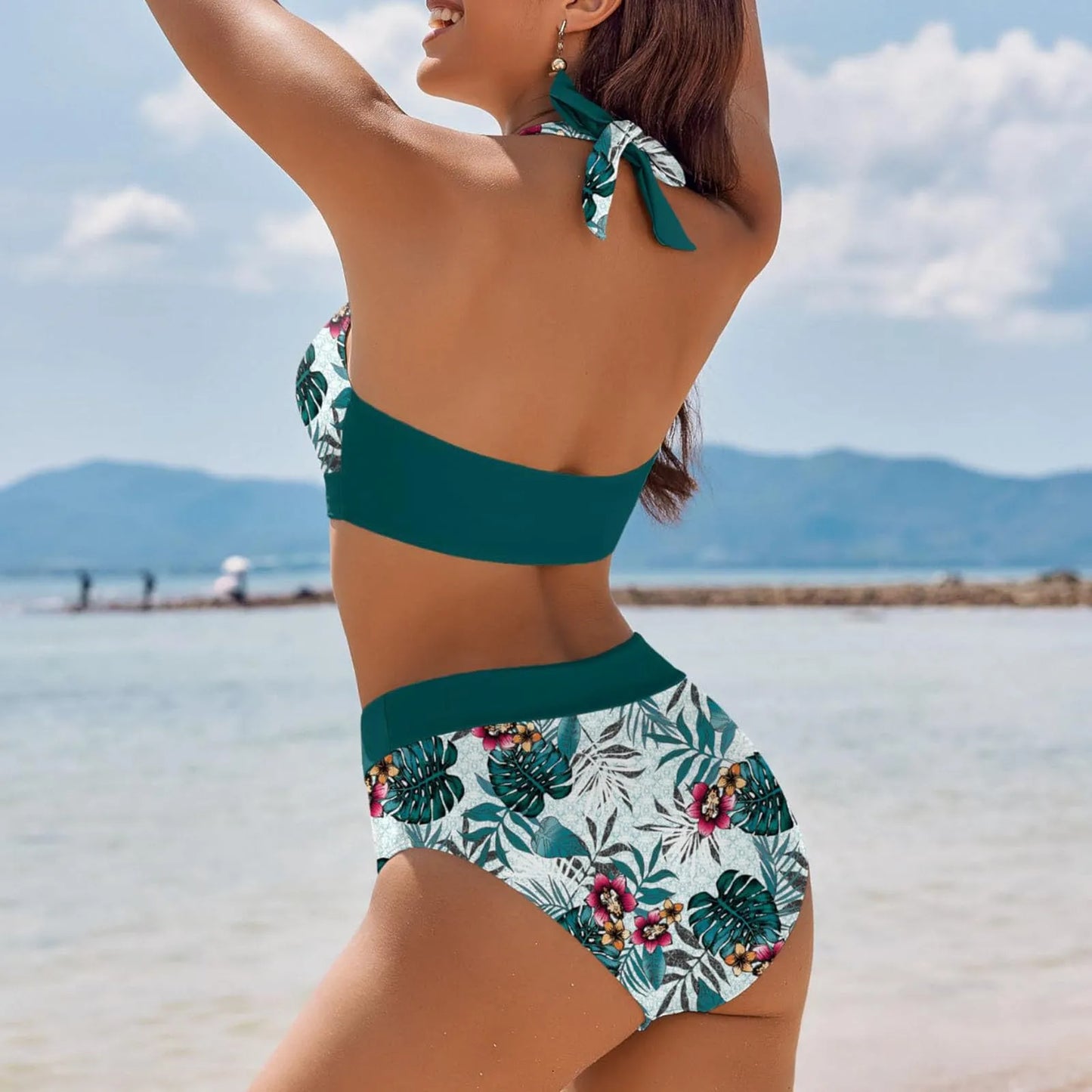 bikini Beach Colour Block Floral Printed Women's Swimsuit High Waist Two Piece For Teenagers biquinis feminino tendência 2024