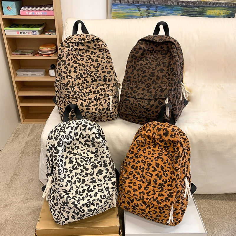 Corduroy Leopard Backpack Teenagers School Bag Large Capacity Stylish Shoulder Backpack Multi Pockets Travel Rucksack
