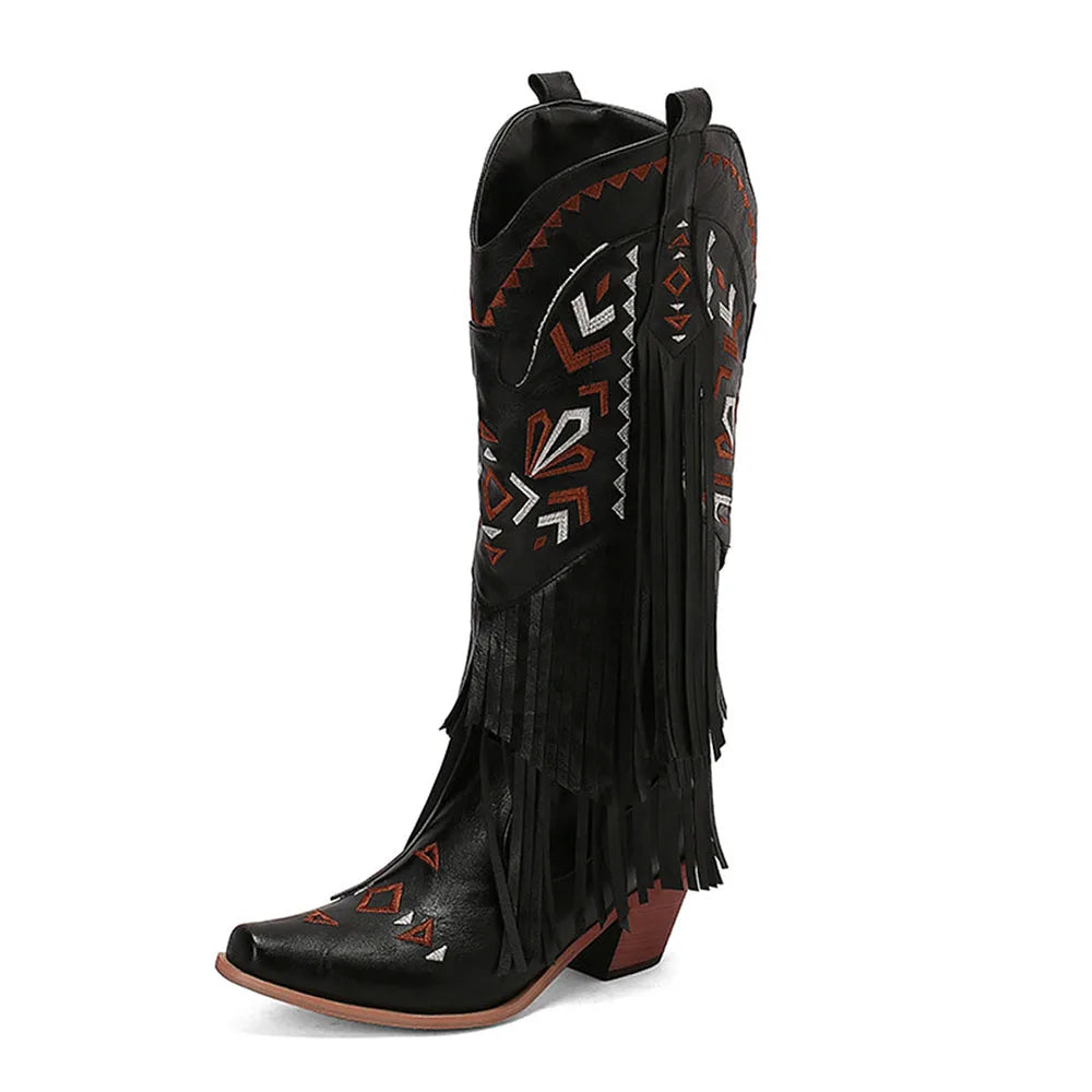 GIGIFOX Retro Tassel Embroidered Cowgirl Mid-Calf Women Western Boots Pointed Toe Chunky High Heel Cowboy Cool All-Match Shoes