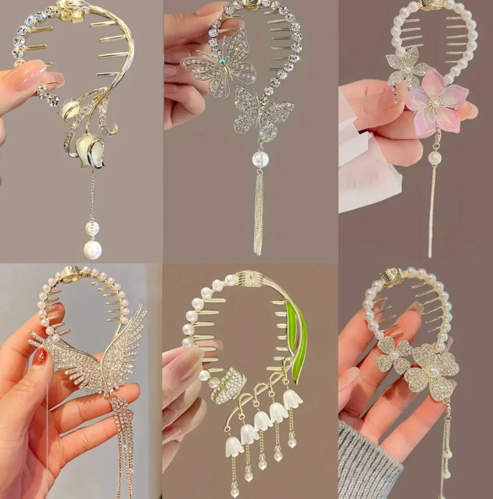 6pcs Pearl Ponytail Claw Clip, Tassel Claw Clip, Metal Claw Clip Hair Accessory for Girls and Women