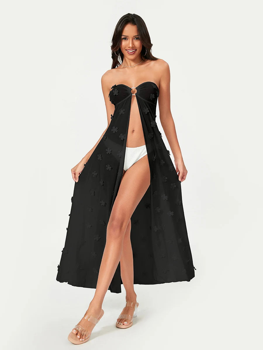 Women Beach Cover Up Flower Embellished See-Through Strapless Summer Swimsuit Coverup Bathing Suit Cover Ups Dresses