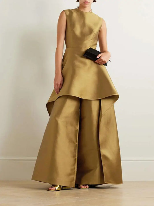 2024 New Women's Evening Dress Jumpsuit  Wrap Falbala Layered Summer Solid Color Zipper Round-neck Evening Jumpsuits