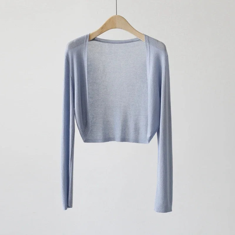 Short Ice Silk Knitted Sun Protection Cardigan Women's Thin Summer Suspender Skirt Layered Gauze Jacket Air-conditioned Cover Up