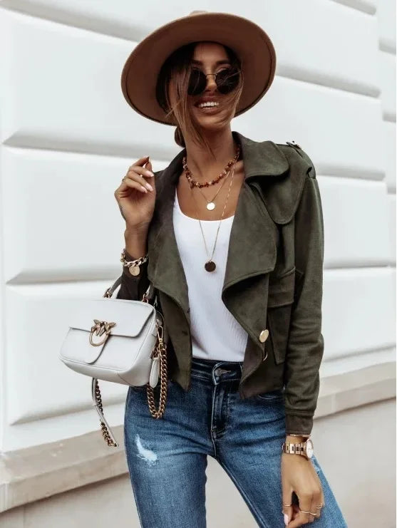 Deer Skin Velvet Elegant Jacket Women Turn Down Collar Long Sleeve Slim Coat Solid Buttons Overcoat Punk Jacket Non Suede