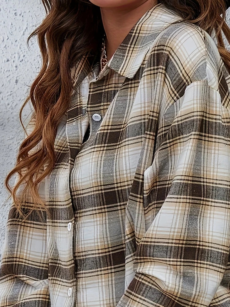 Women's Plus Size Fashionable Checkered Printed Shirt Long Sleeved Lapel Button Casual Commuting Shirt
