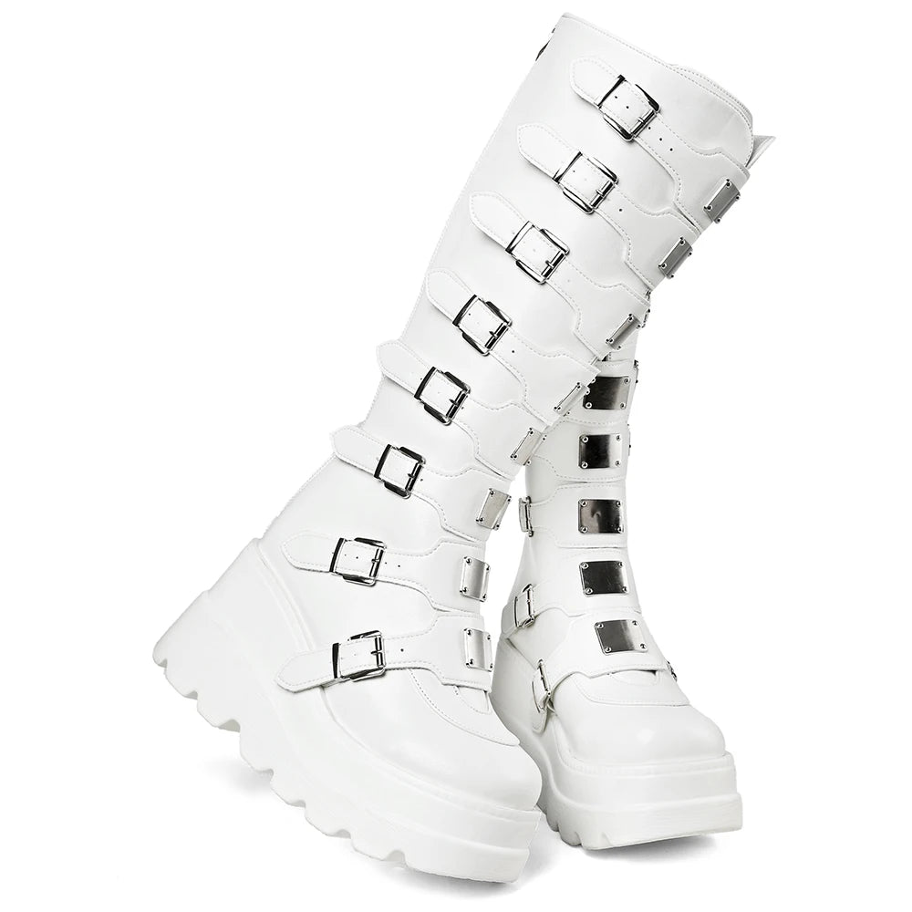 GIGIFOX Goth Metal Buckle Combat Mid-Calf Boots For Women Round Toe Platform Chunky High Wedges Cool Fashion Motorcycle Boots