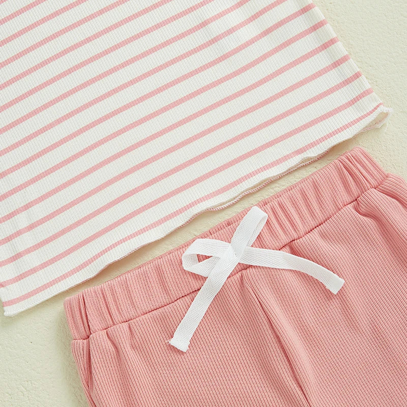 Girls Summer Outfits Lettuce Trim Striped Print Ruffles Short Sleeves T-Shirt with Elastic Flare Pants - Adorable Matching