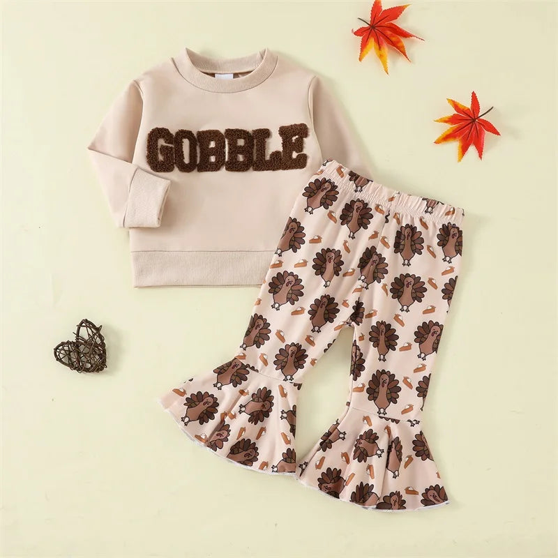 Toddler Girl Thanksgiving Outfits Letter Embroidered Crew Neck Long Sleeve Sweatshirts Turkey Print Flare Pants 2Pcs Clothes Set