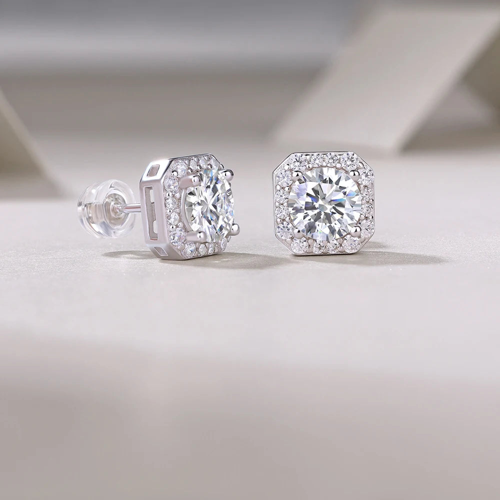 1 Carat Moissanite Earrings Octagon Halo Design 925 Sterling Silver 18K Gold Plated Gift Comes with GRA Certificate