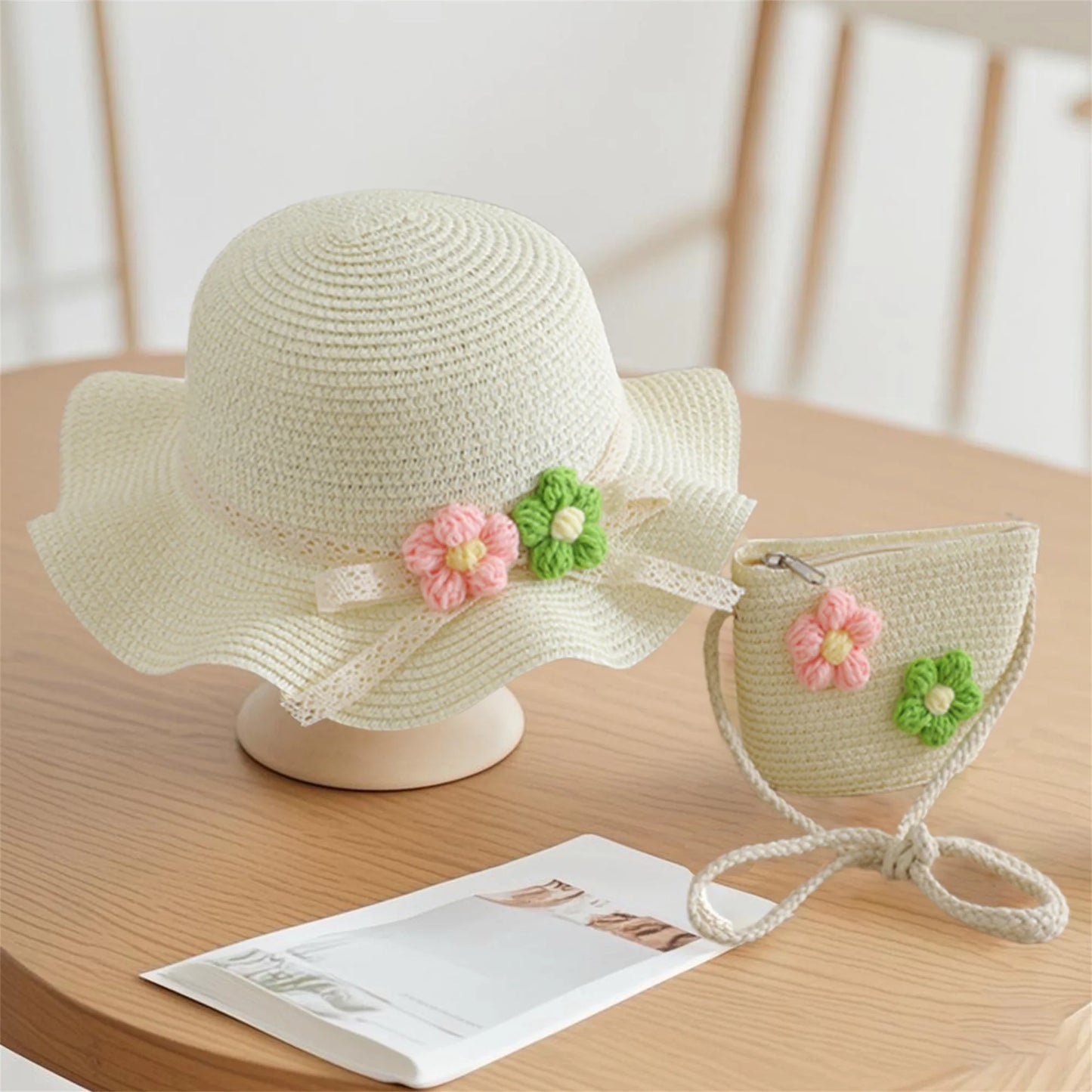 Girls Summer Sun Hat and Tote Bag Set with 3D Floral Embellishments Lace Detail Wide Brim and Adjustable Crossbody Strap