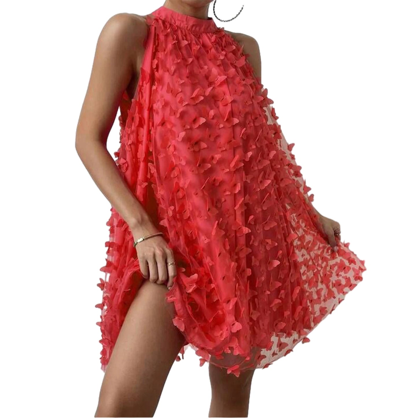Elegant Lace Embroidered Sleeveless Halter Neck Dress with Floral Appliques and Mesh Overlay for Summer Cocktail Party