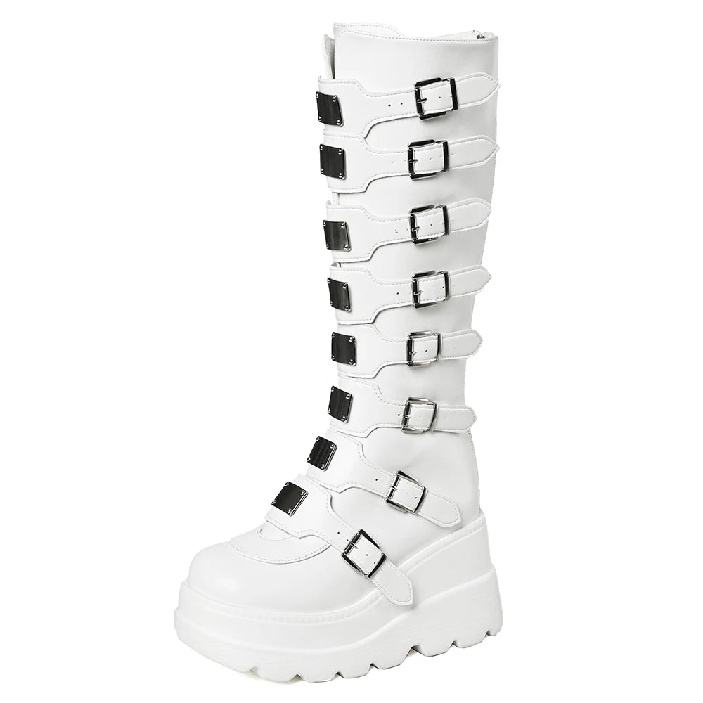 GIGIFOX Goth Metal Buckle Combat Mid-Calf Boots For Women Round Toe Platform Chunky High Wedges Cool Fashion Motorcycle Boots
