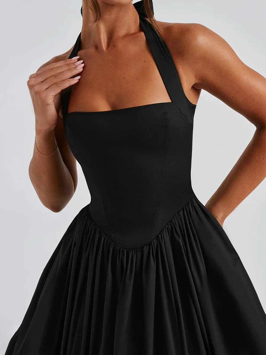 Elegant Sleeveless Midi Dress with Tie-up Halter Neck and Open Back Women s A-line Tank Dress in Solid Color Cross Design