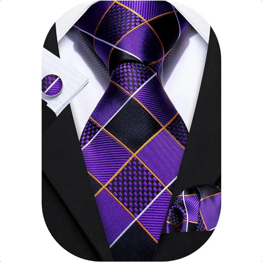 Barry.Wang Plaid Ties Check Mens Necktie Set with Handkerchief Cufflinks Classic Stripe