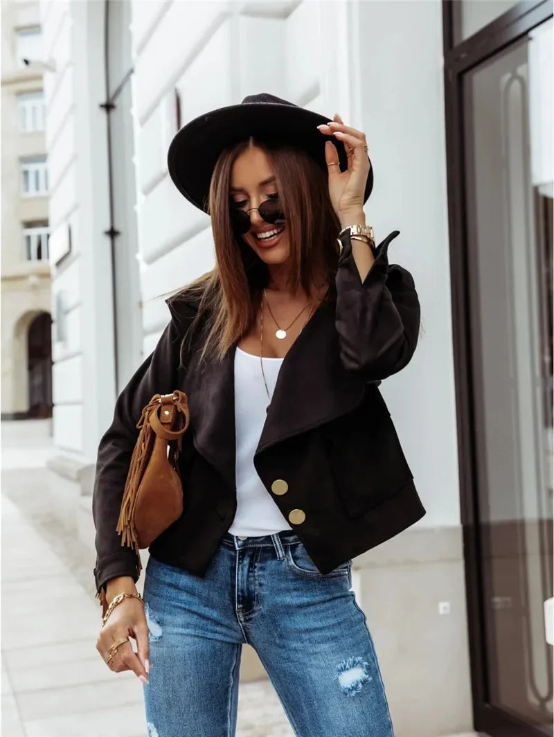 Deer Skin Velvet Elegant Jacket Women Turn Down Collar Long Sleeve Slim Coat Solid Buttons Overcoat Punk Jacket Non Suede