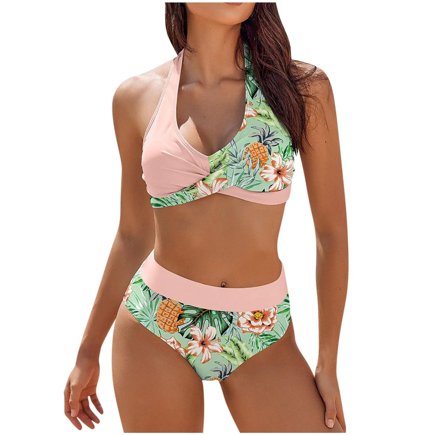 bikini Beach Colour Block Floral Printed Women's Swimsuit High Waist Two Piece For Teenagers biquinis feminino tendência 2024