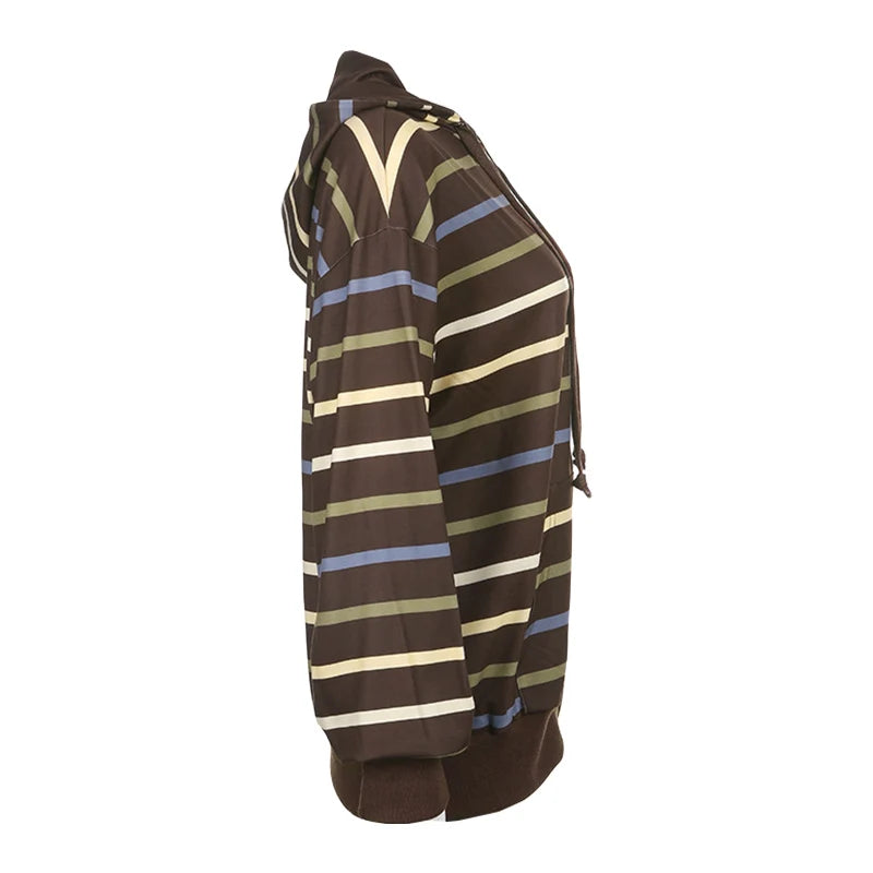 Women Zip Up Drawstring Hoodie Casual Striped Long Sleeve Sweatshirt Jacket Autumn Streetwear