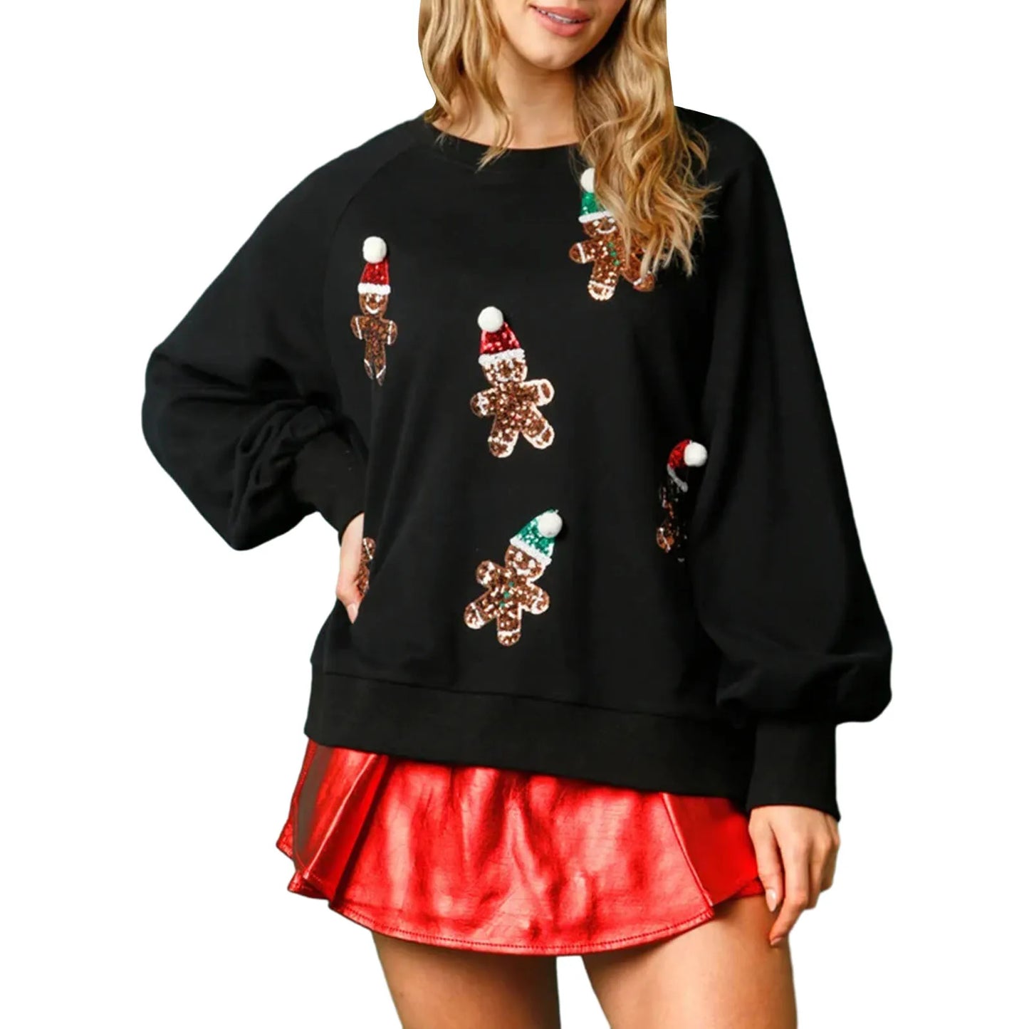 Women’s Crewneck Sweatshirt Loose Santa Claus Sequins Print Long Lantern Sleeve Tops for Christmas