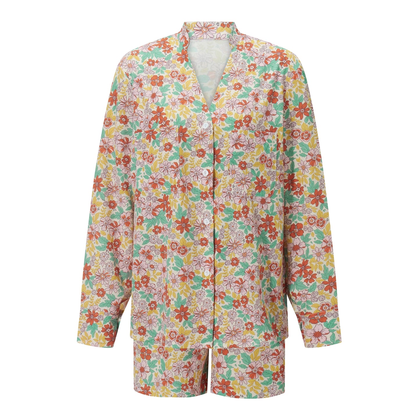 Women s 2 Piece Pajama Set Long Sleeve Button Up Floral Tops Drawstring Shorts Sleepwear Sets