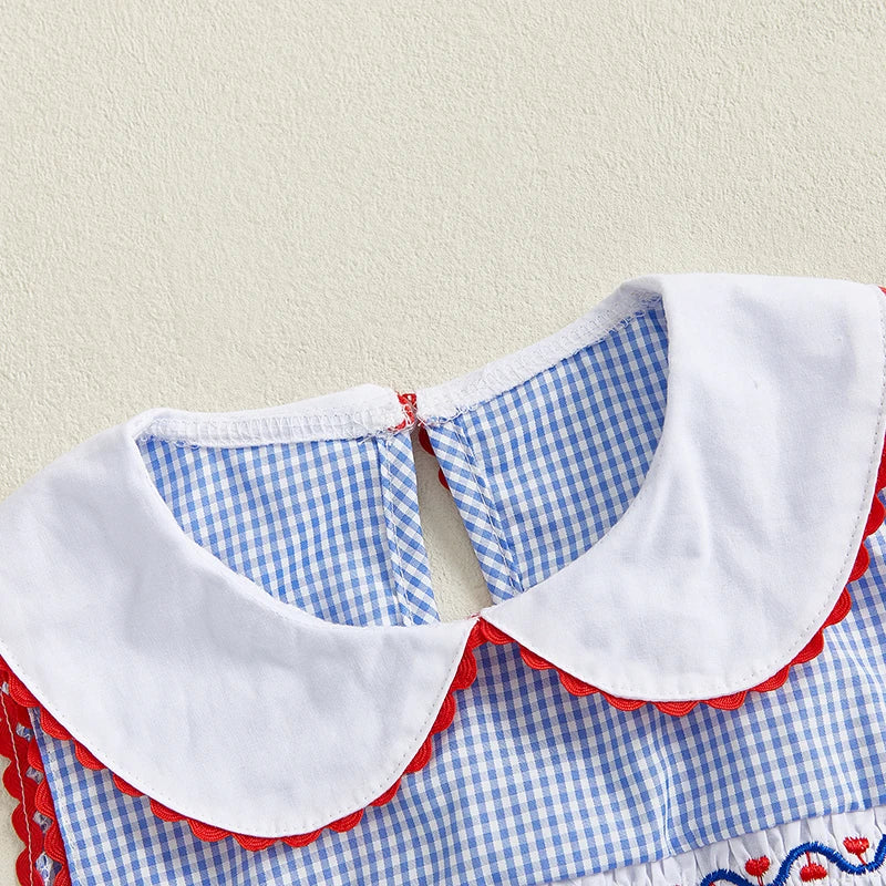 Independence Day Sleeveless Dress with Ruffle Collar and Star Embroidery for Girls Patriotic A-Line Dress Kids Summer Outfit