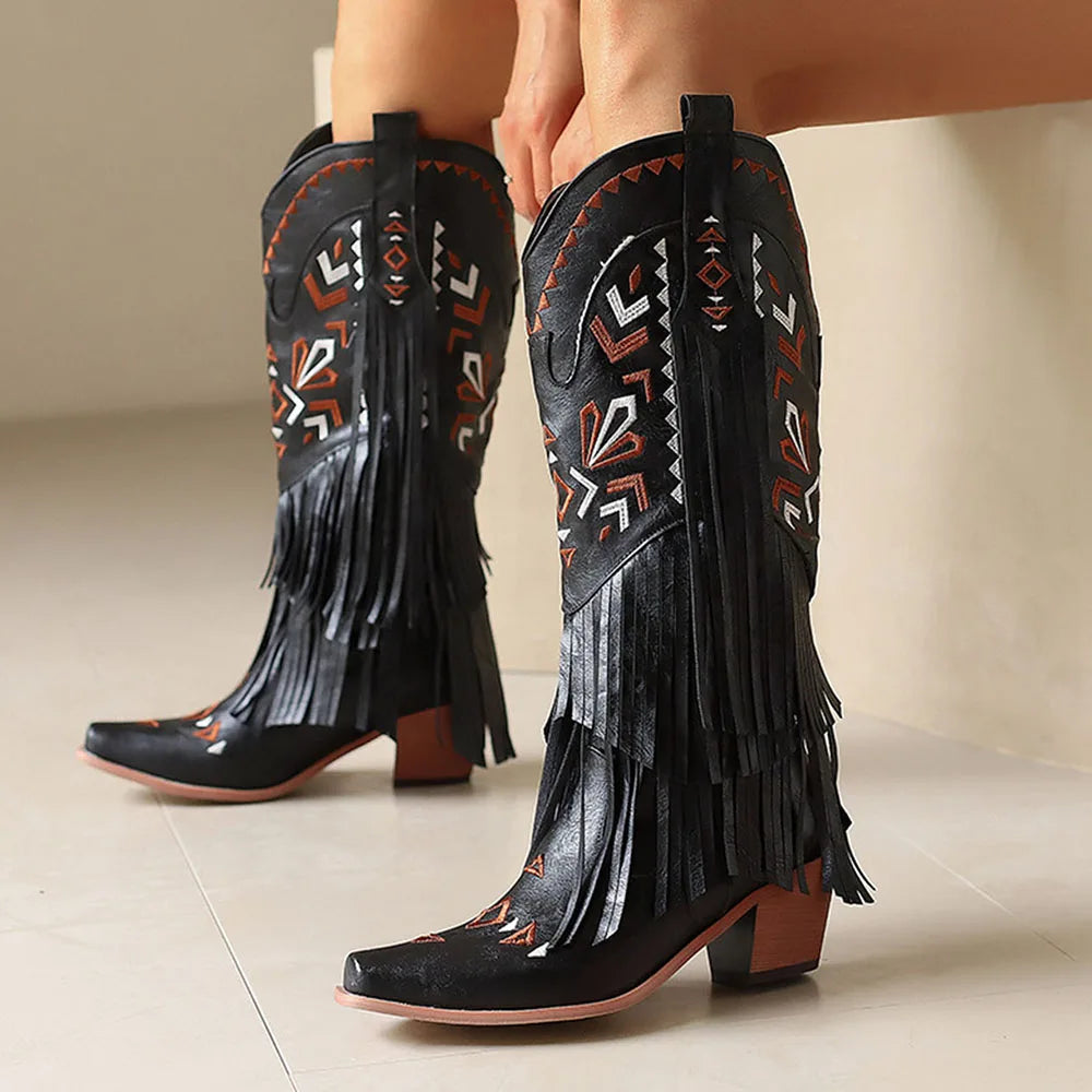 GIGIFOX Retro Tassel Embroidered Cowgirl Mid-Calf Women Western Boots Pointed Toe Chunky High Heel Cowboy Cool All-Match Shoes