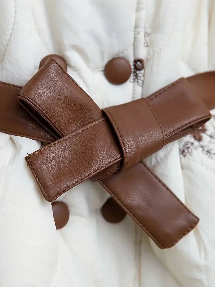 2024 New Fashion Winter Jacket Girl Long Coats PU Collar Belt Cotton Padded Velvet Warm Outerwear Clothes For Children Kids 2-6Y