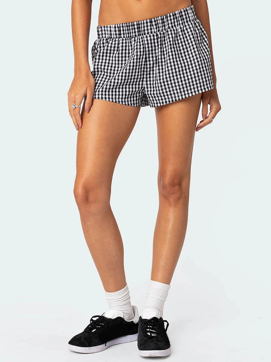 Women s Summer Casual Shorts Plaid Print Elastic Waist Loose Short Pants Pull On Lounge Shorts