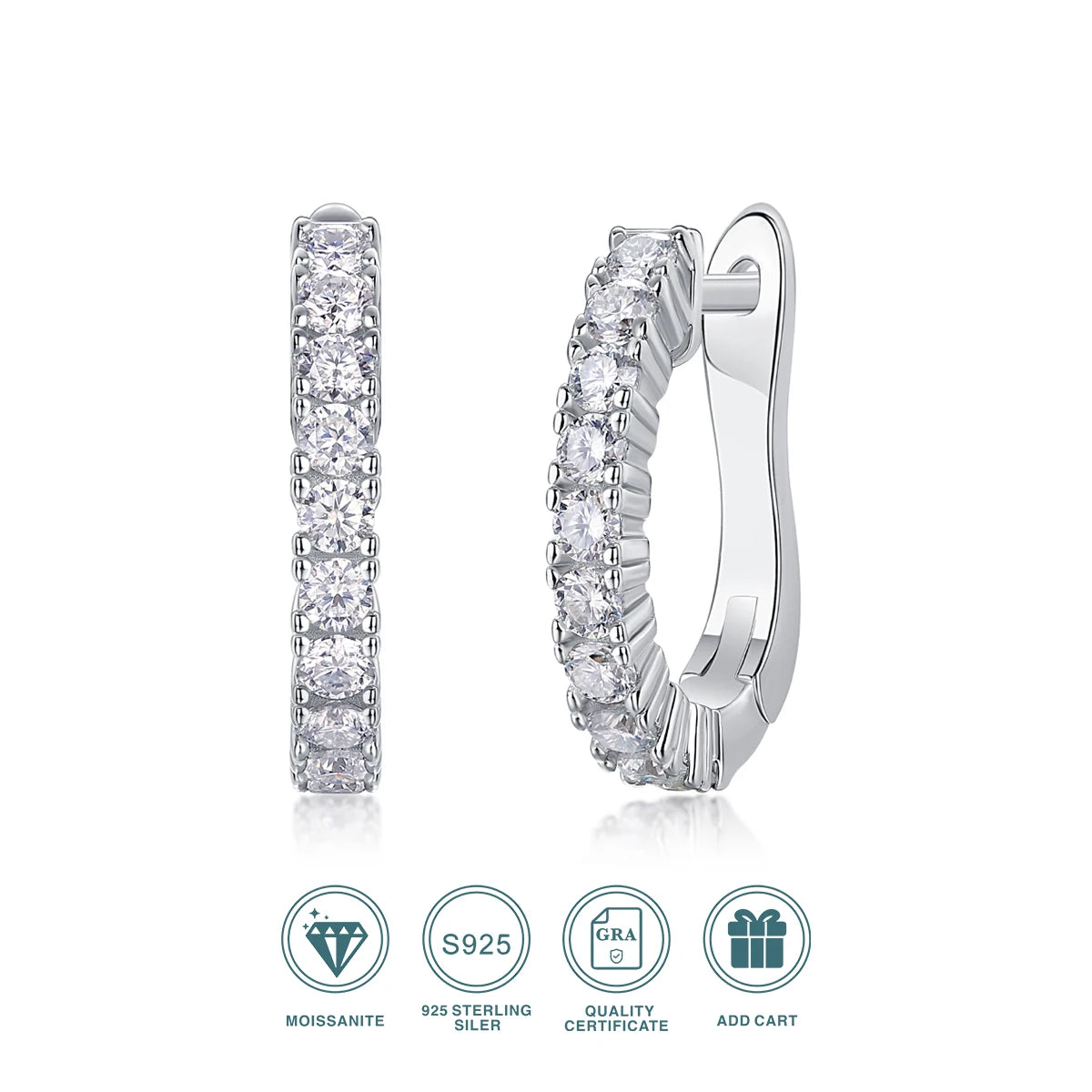 JIUZUAN 925 Sterling Silver Hoop Earrings with Moissanite, Elegant Round Shape, Hypoallergenic, Ideal for Daily Wear or Special