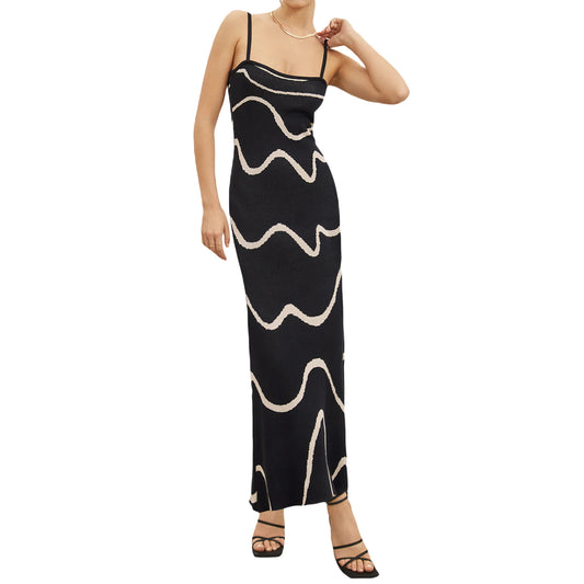 Women s Summer Cami Knit Dress Wavy Print Spaghetti Strap Open Back Party Midi Dress