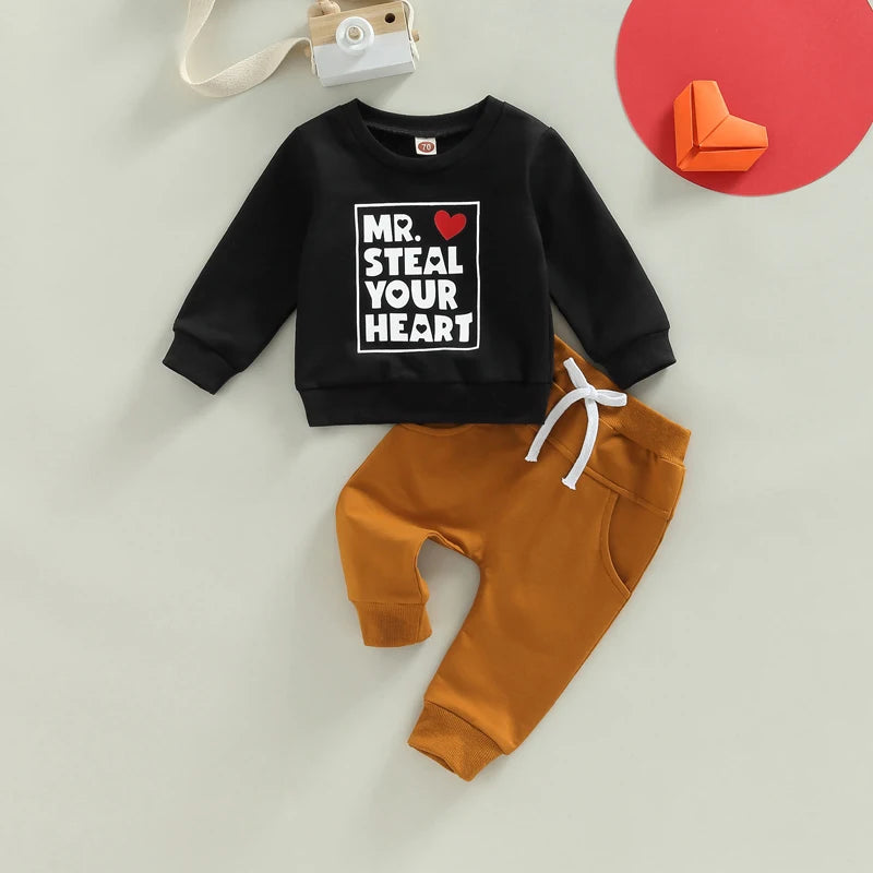 Baby Boy Valentine s Day Outfit Heart Print Hoodie Striped Pants Set for Toddler Boys 1-3 Years Old